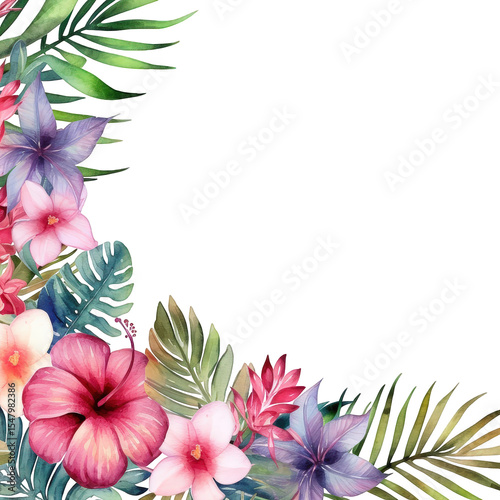 Watercolor tropical floral frame with hibiscus and jungle leaves. Colorful square botanical border for wedding, invitation,  card, summer greeting decorative design and exotic art projects..