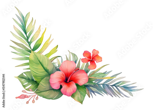Watercolor tropical floral frame with hibiscus and jungle leaves. Colorful square botanical border for wedding, invitation,  card, summer greeting decorative design and exotic art projects..