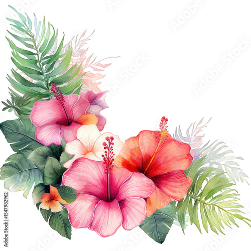 Watercolor tropical floral frame with hibiscus and jungle leaves. Colorful square botanical border for wedding, invitation,  card, summer greeting decorative design and exotic art projects..