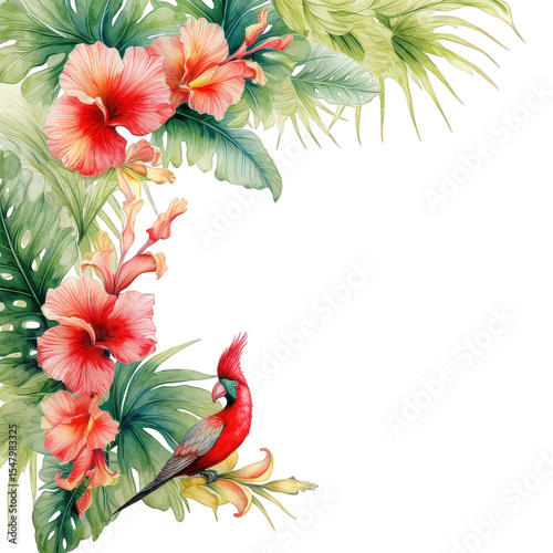 Watercolor tropical floral frame with hibiscus, birds and jungle leaves. Colorful square botanical border for wedding, invitation,  card, summer greeting decorative design and exotic art projects..