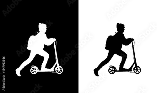 people silhouette of electric scooter, kid riding scooter silhouette vector illustration, kid playing with toys, little girl playing with toys silhouette vector illustration, child playing silhouette,