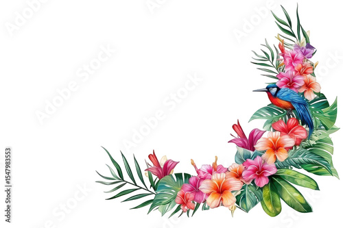 Watercolor tropical floral frame with hibiscus, birds and jungle leaves. Colorful square botanical border for wedding, invitation,  card, summer greeting decorative design and exotic art projects..
