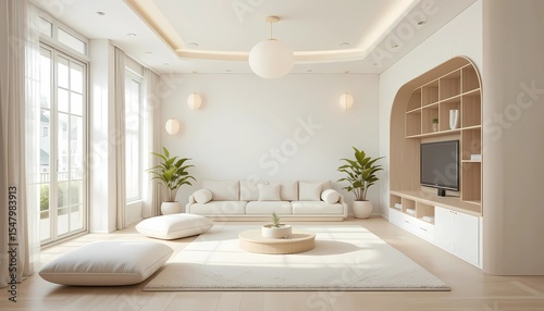 Calming Korean-style minimalist apartment featuring blonde wood, white palette, floor seating, and indoor plants for a tranquil living experience

 photo