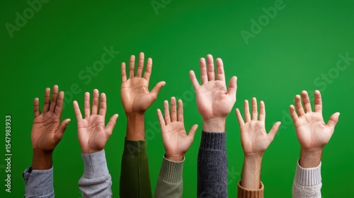 Diverse group of people raising hands in unity