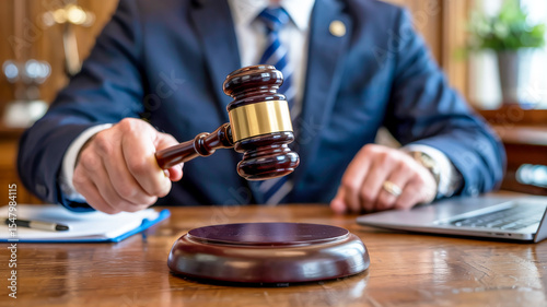 A professional hand raises a polished gavel above a sound block with a blurred laptop background on a wooden desk