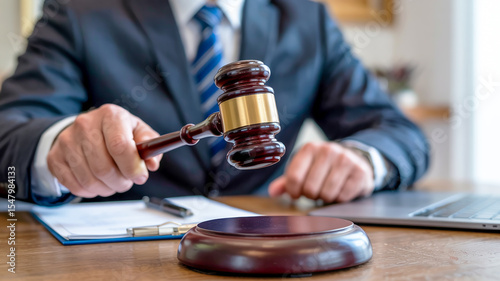 A professional hand raises a polished gavel above a sound block with a blurred laptop background on a wooden desk