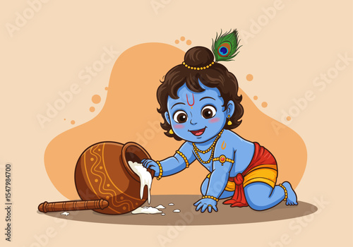 Cartoon vector illustration of baby Lord Krishna (Makhan Chor) stealing butter. photo