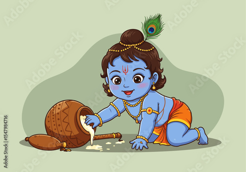 Cartoon vector illustration of baby Lord Krishna (Makhan Chor) stealing butter.