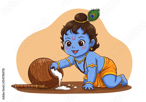Cartoon vector illustration of baby Lord Krishna (Makhan Chor) stealing butter.