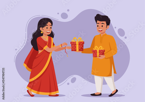 Indian brother and sister celebrating Raksha Bandhan festival with gifts.