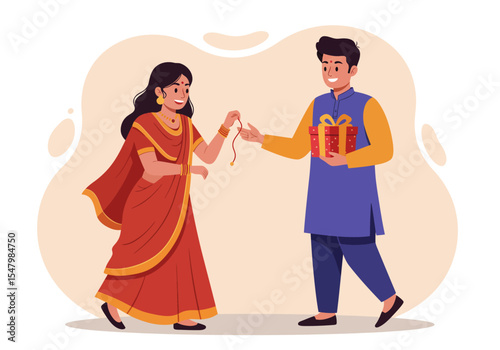 Indian brother and sister celebrating Raksha Bandhan festival with gifts.
