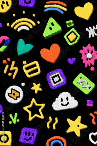 Playful Abstract Doodle Pattern with Colorful Emojis, Hearts, Stars, and Geometric Shapes on Black