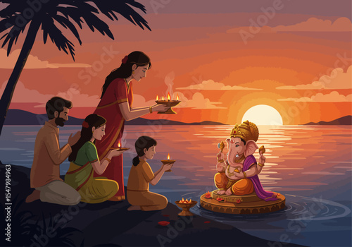 Indian family performing a prayer ritual for Ganesh Visarjan at sunset.