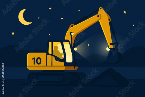 Excavator Kartun di Malam Hari - Ilustrasi Vektor Edukatif Angka 10