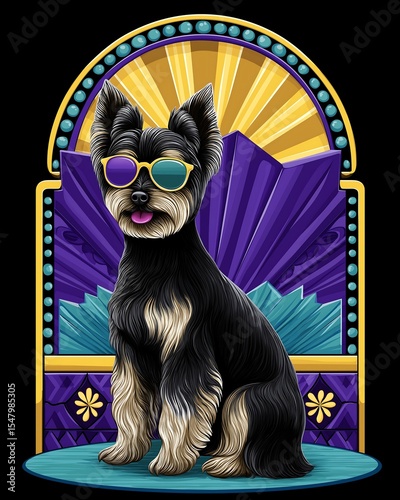 Happy Yorkshire Terrier Wearing Colorful Sunglasses Against Art Deco Arch with Yellow Rays and Purple Fans.