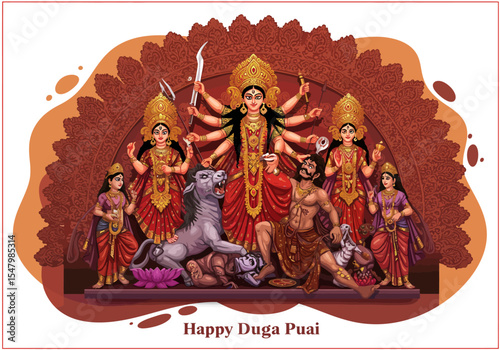 Magnificent idol of Goddess Durga defeating Mahishasura for Durga Puja festival.