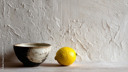 Wabi-sabi inspired Mediterranean corner, imperfect plaster, single lemon in ceramic bowl