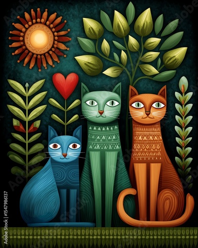 Vibrant Folk Art Cats with Stylized Trees and Sun, Ethnic Decorative Pattern