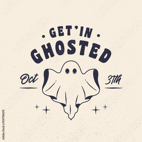 Ghost vintage label, logo. Spooky emblem with vintage ghost icon. Hipster design. Print for T-shirt. Vector illustration
