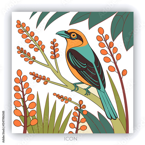 Two yellow canaries perched in lush green foliage oil painting style nature scene wildlife birdwatching