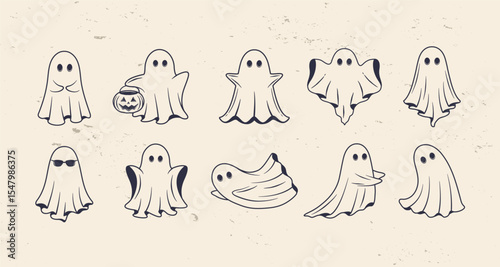10 Ghost icons set. Funny Ghost icons. Cute ghost characters. Design elements for logo, badges, banners, labels, posters. Vector illustration