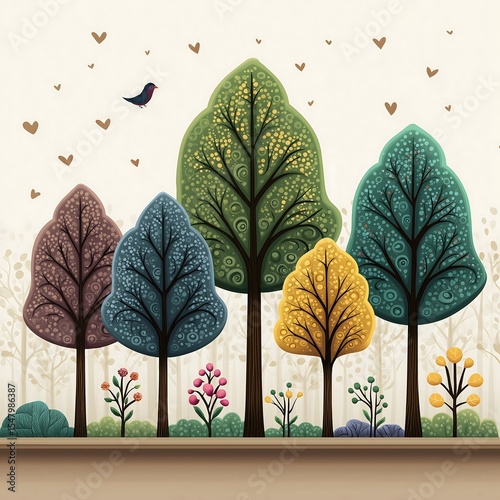 Enchanting Whimsical Forest with Stylized Trees, Hearts, and Birds, Nature Illustration