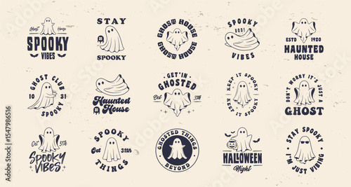 Collection of Ghost logo, badges and labels.Ghost spooky emblems. Halloween signs set for poster, emblem, party invitation designs. Print for t-shirt, tee. 15 spooky logo designs. Vector illustration