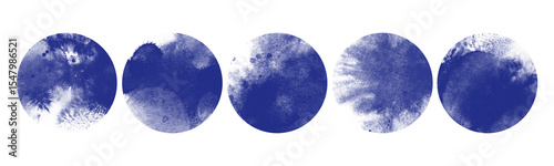 Watercolor moon silhouette set. Abstract planet grunge art. Blue paint stroke texture in marble style. Hand drawn isolated illustration on transparent background