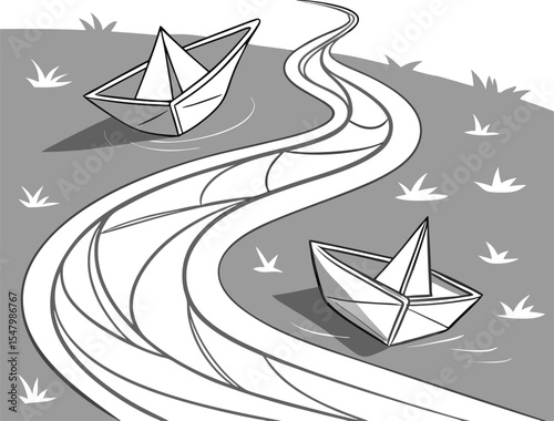 A vector illustration of various sailing ships and yachts on the ocean, featuring their silhouettes and dynamic waves, perfect for nautical travel and summer cruise designs