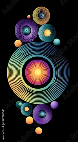 Vibrant Abstract Concentric Circles and Spheres on Black Background, Modern Minimalist Design