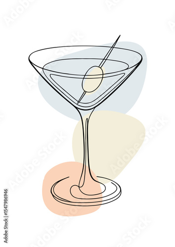 Classic cocktail martini glass with olive pick, one continuous line art drawing with color blobs. Modern vector design for bar menu, party invite, mixology art, elegant lifestyle, alcohol concept