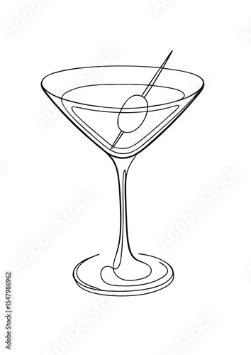 Classic cocktail martini glass with olive pick, minimalistic one continuous line art drawing. . Modern vector design for bar menu, party invite, mixology art, elegant lifestyle, alcohol concept