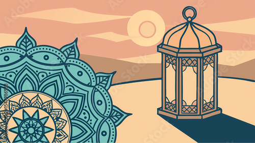 Ramadan kareem islamic background with lantern mandala design for greeting card and banner template