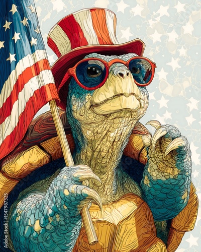 Patriotic Cartoon Turtle in Uncle Sam Hat and Red Sunglasses Waving American Flag