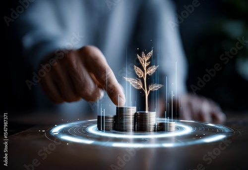 Business Person Nurturing Investment Growth with Stacked Coins and Digital Plant Icon for Financial Success.