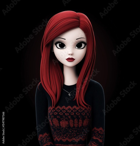 Stylized Creepy Girl with Long Red Hair, Black Eyes, and Dark Sweater, Featuring Emo Gothic Aesthetic.