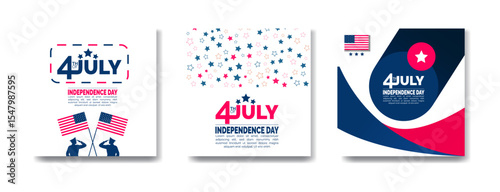 4th of July  Independence Day  social media banner set,blue background, promotion advertising bundle, square layout template for Instagram and Facebook. USA festival banner with usa flag