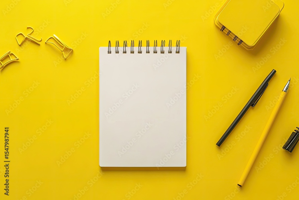High Definition Image of Top View Stationery Arrangement on Yellow Background with Empty Notepad High Definition Image of Top View Stationery Arrangement on Yellow Background with Empty Notepad