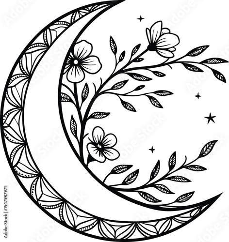 Abstract black and white floral pattern with a vintage leaf and curl ornament design