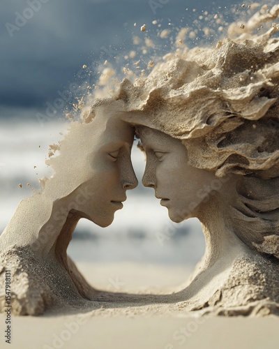 Ethereal Sand Sculpture of Two Faces Connecting, Surreal Beach Art with Disintegration Effect