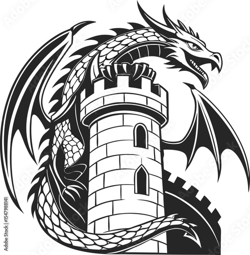 Black and white vector illustration of a tribal rooster mascot on a cartoon house roof