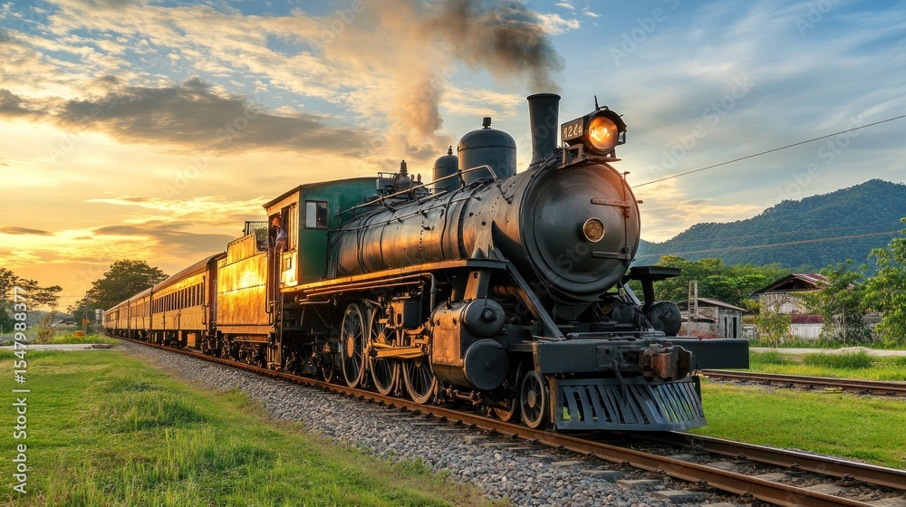 Fototapeta premium Vintage steam train at sunset