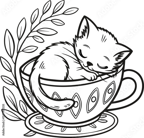 Cute domestic feline cartoon character design of a funny kitten sitting in a bowl with a fish illustration