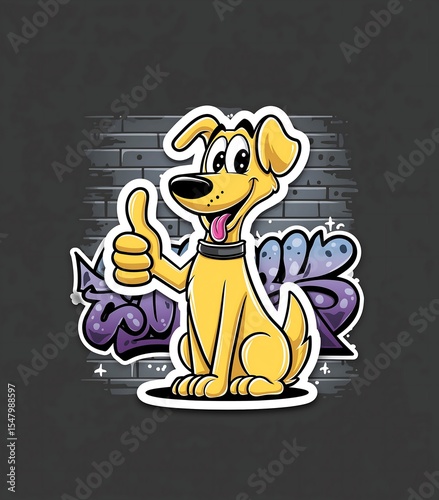 Happy Cartoon Dog Giving Thumbs Up with Graffiti Background Sticker Design