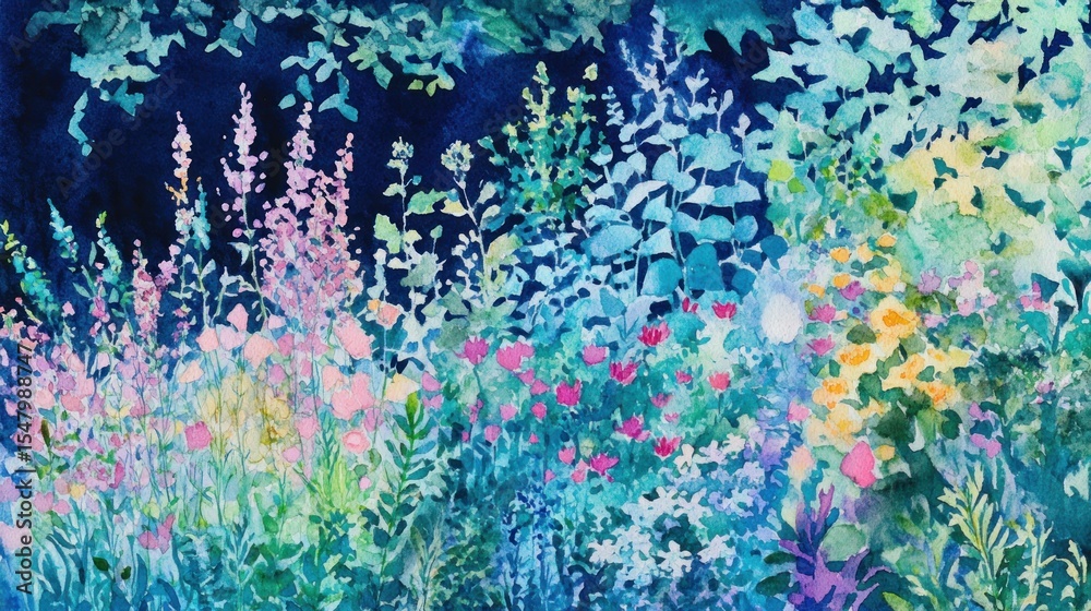 Obraz premium Vibrant watercolor garden, lush foliage and flowers in pastel hues against a dark background