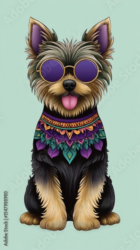 Boho Chic Yorkshire Terrier Dog with Sunglasses and Mandala Pattern Collar