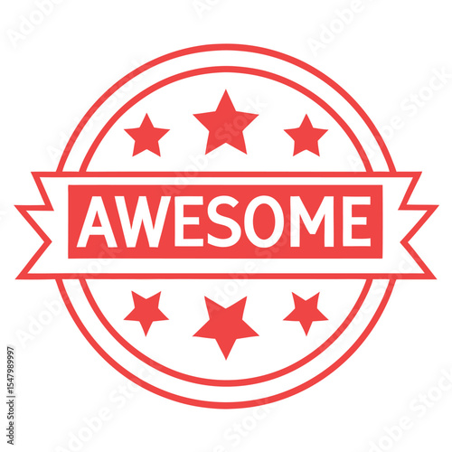 Red Circular Awesome Badge with White Text and Stars on White Background vector