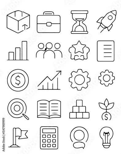 A collection of simple line art icons representing various business and finance concepts. The icons are arranged in a grid formation