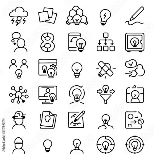 A collection of various black-outlined icons representing brainstorming and creative thinking