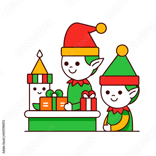 Cute elves working in a toy shop line art illustration.